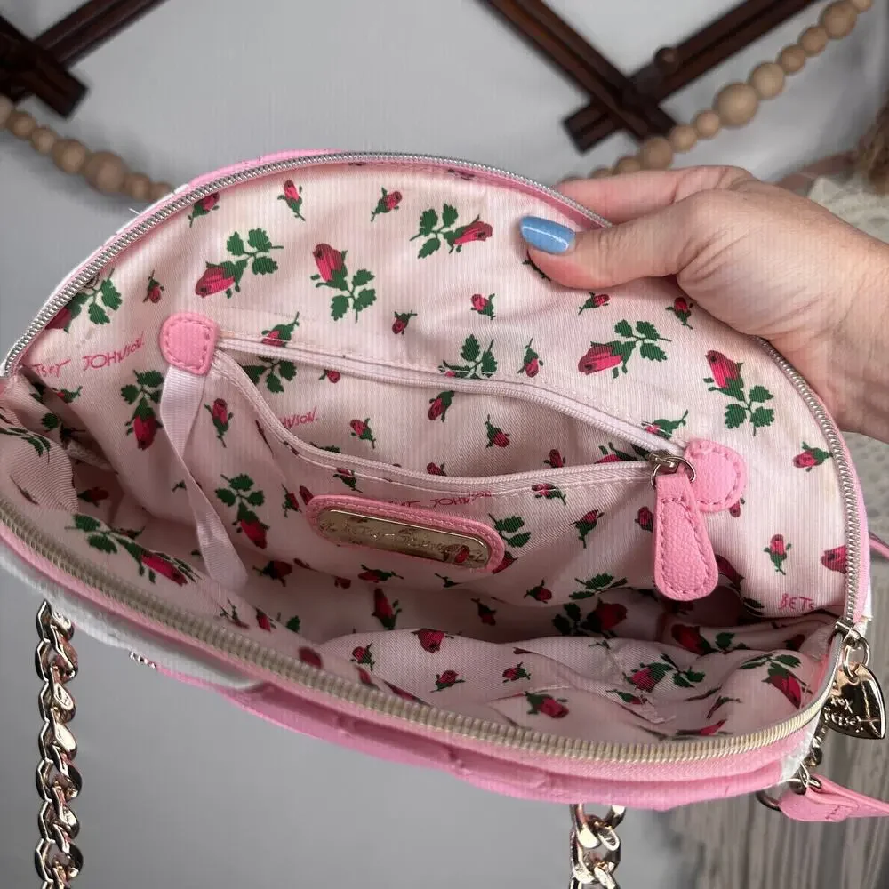 Betsey Johnson Quilted Pink White Heart Chain Strap Shoulder Bag